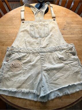 Natural Reflections Faded Light Blue Denim Short Overalls with Crochet Patch